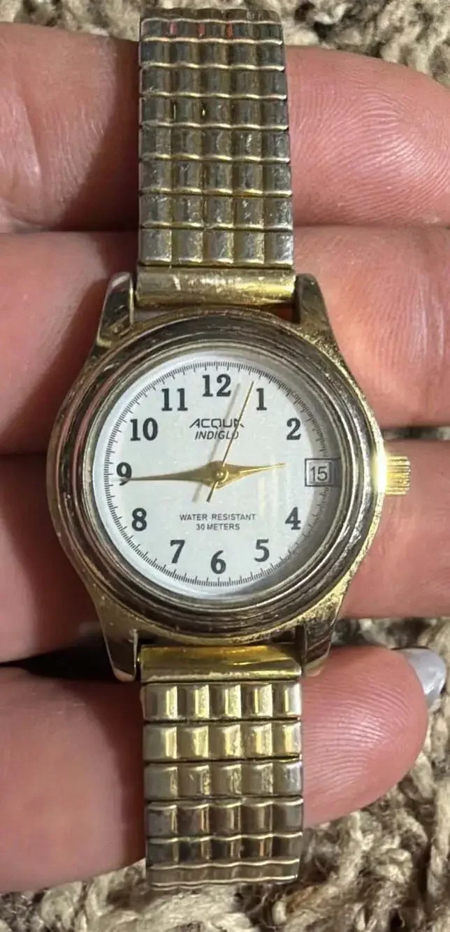 Vintage Acqua Indiglo Gold Tone Quartz Women's Date Watch with Stretch Band